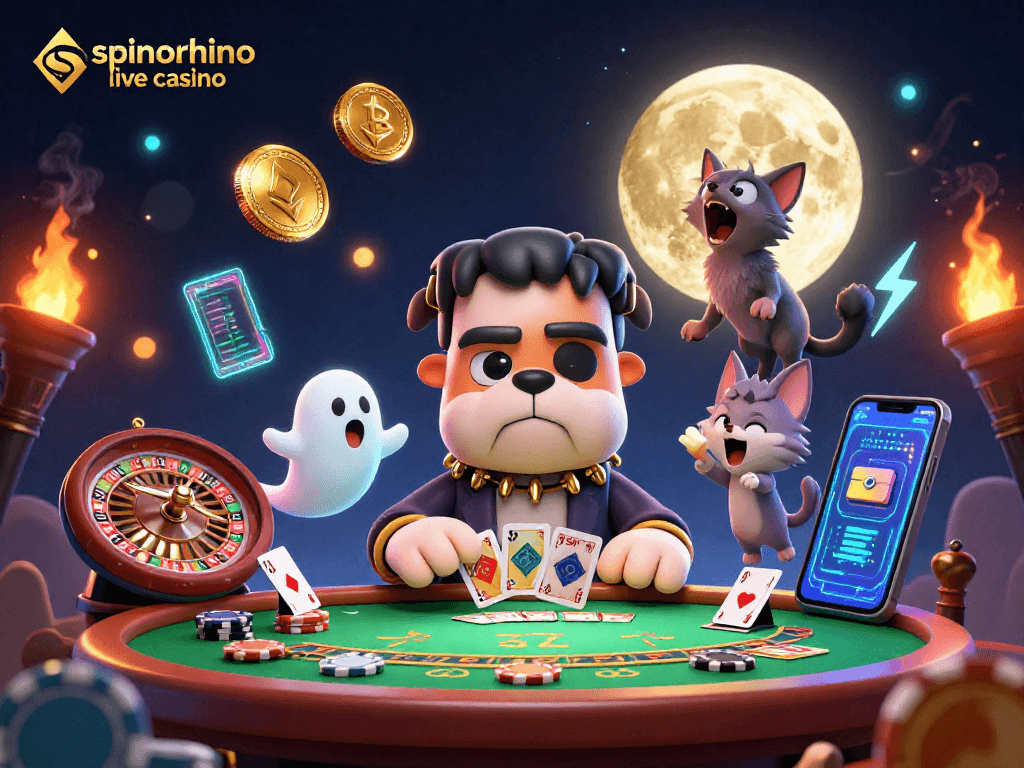 Speel Spinorhino live casino met echte dealers aan een speelse tafel.