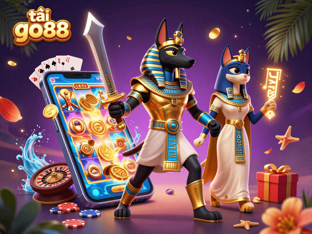 Spin to win with tải go88 in this vibrant, action-packed casino adventure illustration.