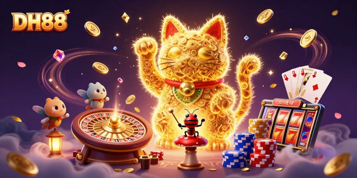 Experience thrilling gameplay at DH88 casino featuring a vibrant scene with a lucky cat and sparkling rewards.