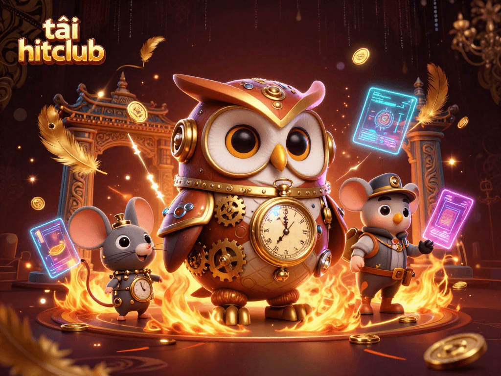 Engage in tải hitclub adventures with a 3D time-traveling owl and vibrant casino elements.