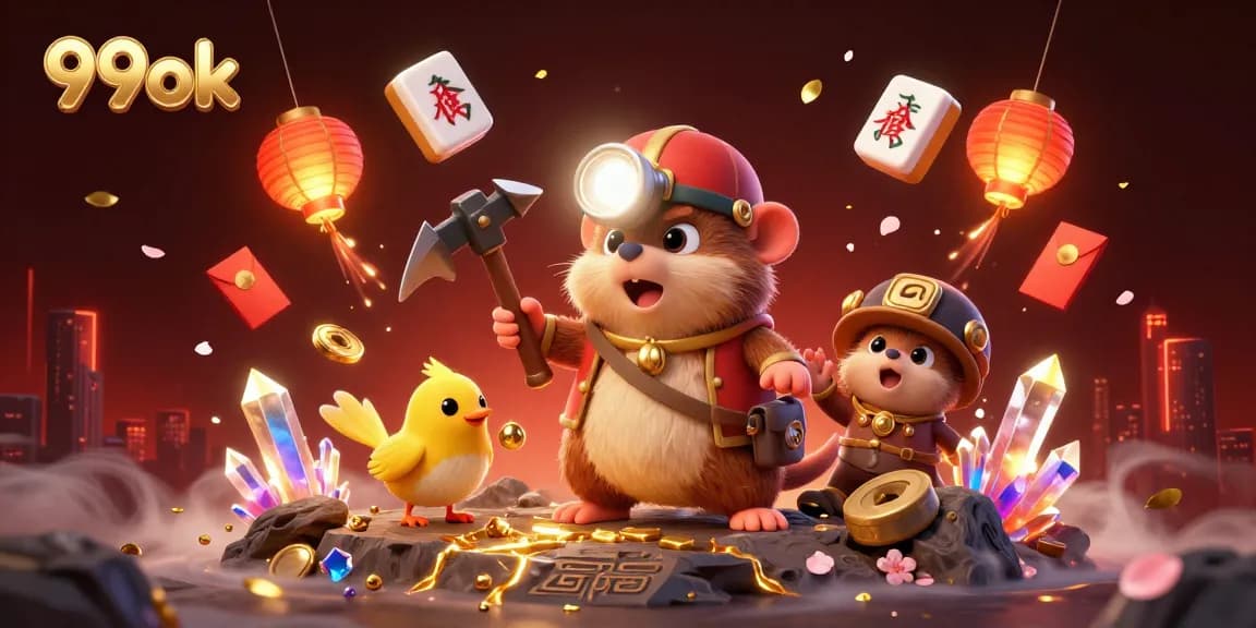 Experience the thrill of gaming with 99ok in an animated treasure-filled scene, featuring vibrant characters and elements.