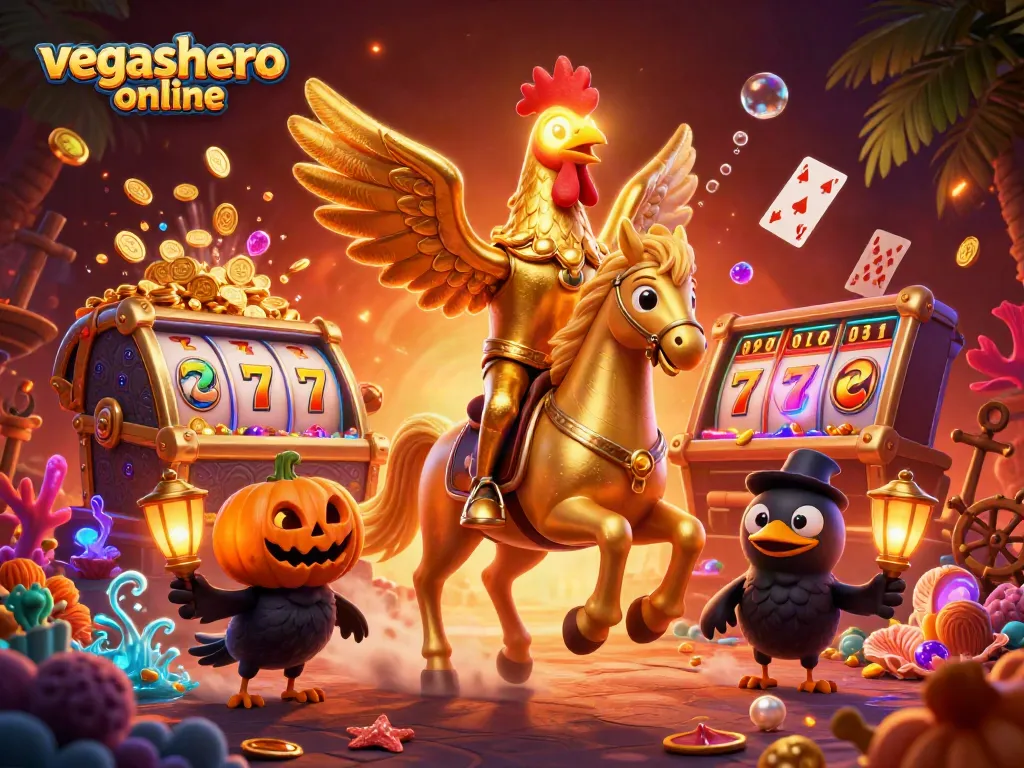 Experience thrilling gameplay at vegashero online with golden rooster amidst vibrant casino elements.