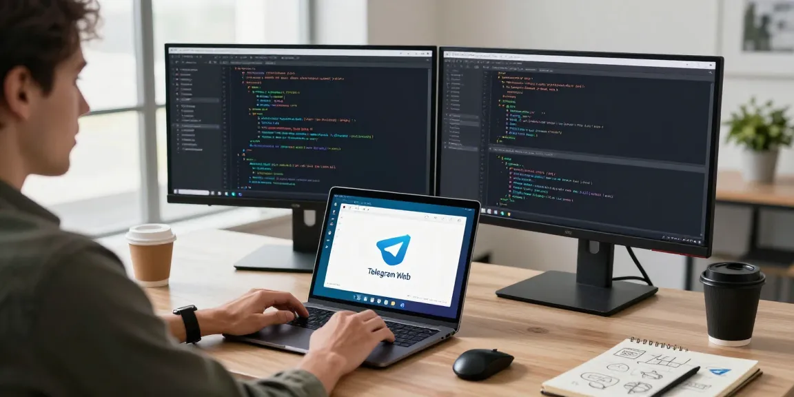 Utilizing the Telegram Web Version on a laptop in a modern workspace with dual monitors and natural light