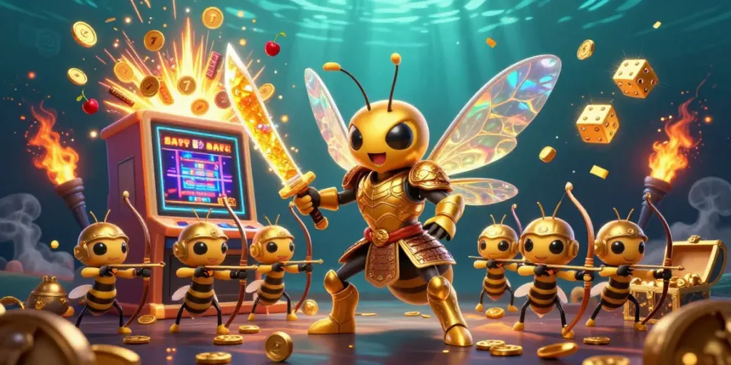 Experience thrilling LLWIN action with a golden samurai hornet amidst a jackpot casino explosion.
