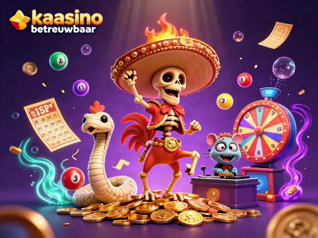 Experience the vibrant scene of kaasino betrouwbaar with a rooster and mummy against a colorful casino backdrop.