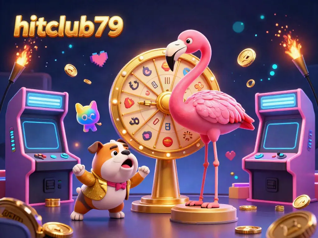Spin the giant prize wheel at hitclub79 for exciting casino rewards with vibrant 3D graphics and engaging characters.