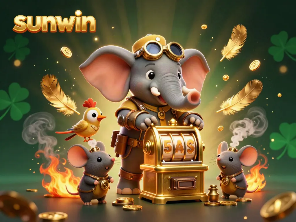 Experience thrilling wins at sunwin with a steampunk elephant operating a golden slot machine