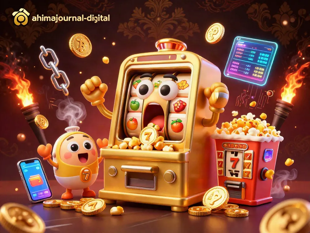 Dynamic gaming scene featuring ahimajournal-digital golden slot machine winning big, surrounded by coins and vibrant elements.