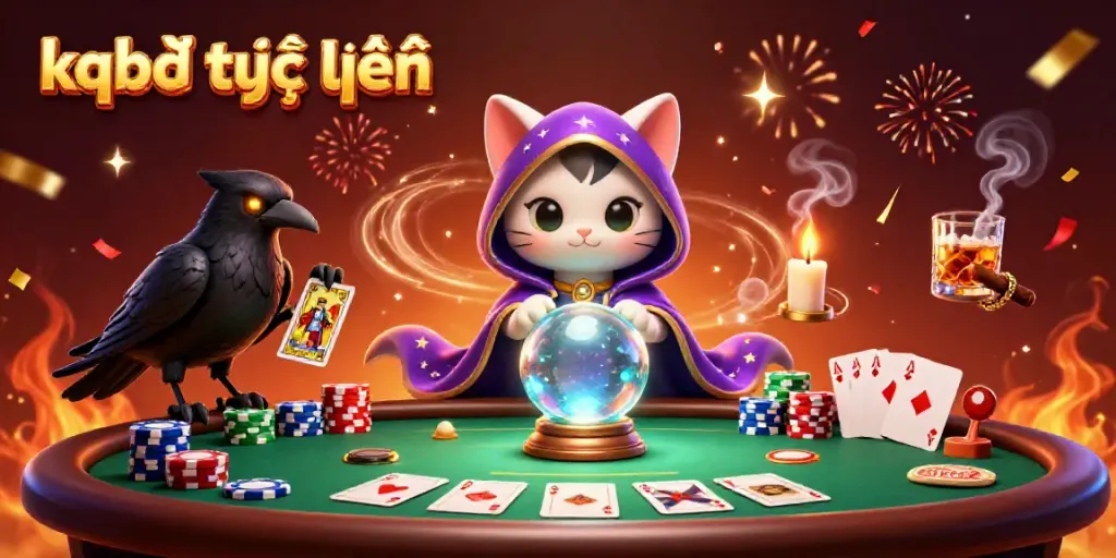 Experience the excitement of kqbđ trực tuyến with a fortune teller cat, glowing raven, and poker elements in a mystical casino scene.