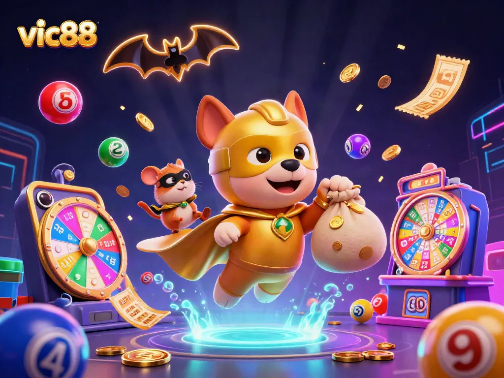 Visualize winning at vic88 with a heroic dog flying amidst casino elements and vibrant lottery balls