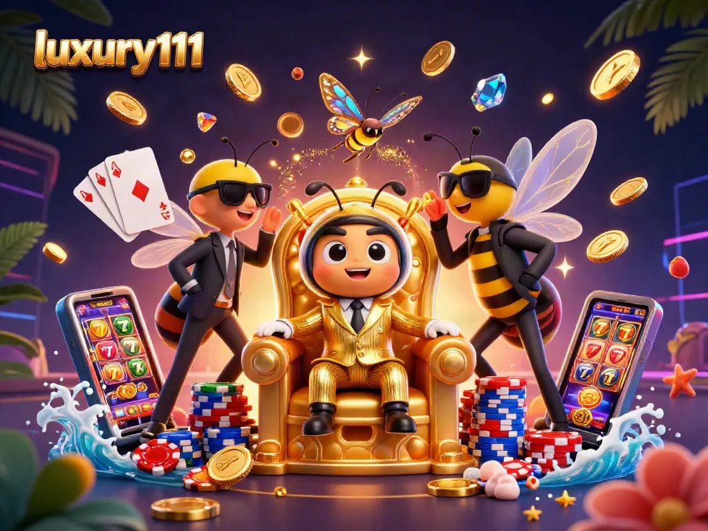 Engage with luxury111 through dynamic gaming elements, showcasing vibrant slots, rich colors, and thrilling scenes.
