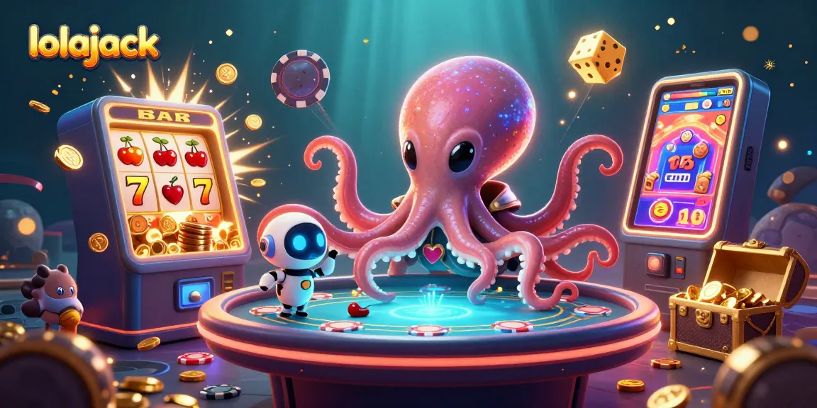 Experience thrilling gaming at lolajack with a 3D octopus dealing poker amidst vibrant casino visuals.