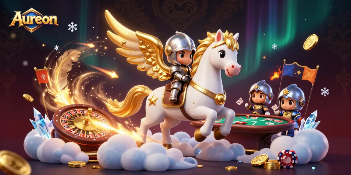 Aureon captures thrilling moments of gambling excitement with a celestial knight and a majestic horse among gaming treasures.