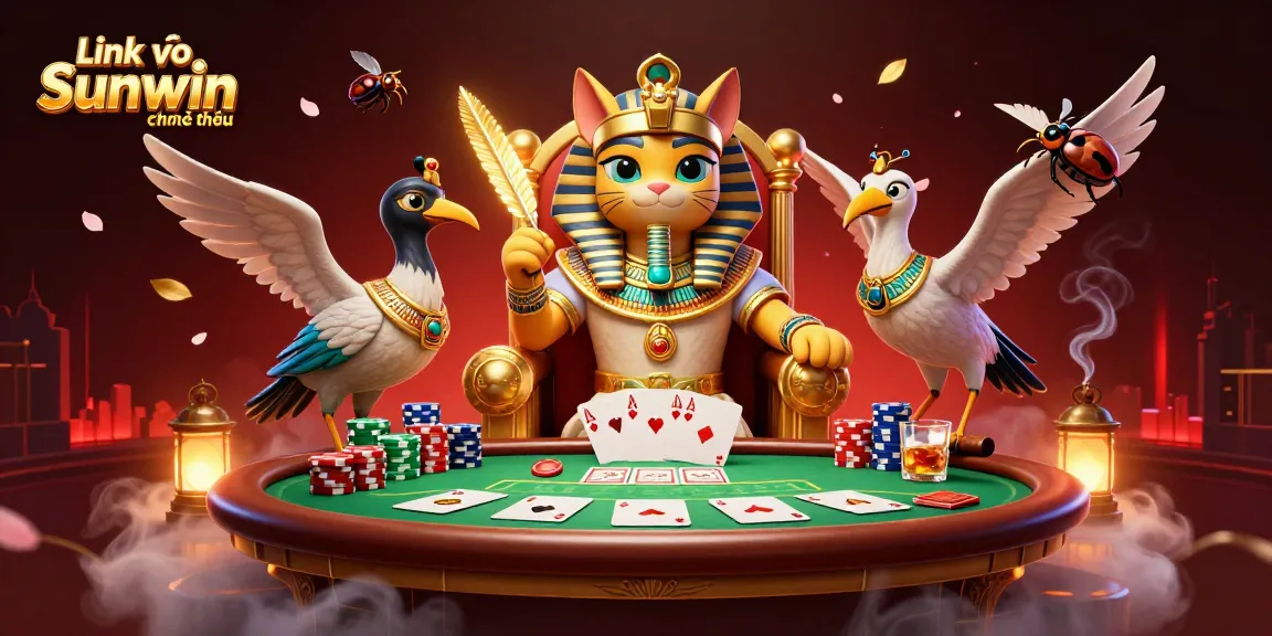 Experience Link vào Sunwin chính thức with a dynamic 3D illustration of a regal cat and gaming elements.